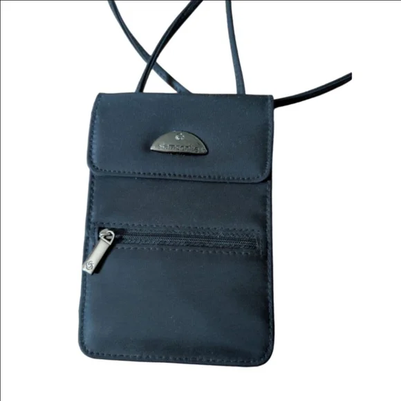 Vintage Samsonite Black Crossbody Travel Wallet Compact Purse 2 Zippers 2 Button - Picture 1 of 6